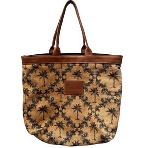 Large Tapestry Tote Bag Tan Palm Tree Print Brown Leather Trim Beach Travel